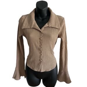 Commense Ribbed Button-Front Brown Long-Sleeve Blouse